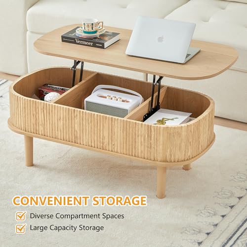 Fluted Lift Top Coffee Table with Hidden Compartment, Fully Assembled Wooden Center Table, Modern Oval Lift Tabletop for Home Living Room Office