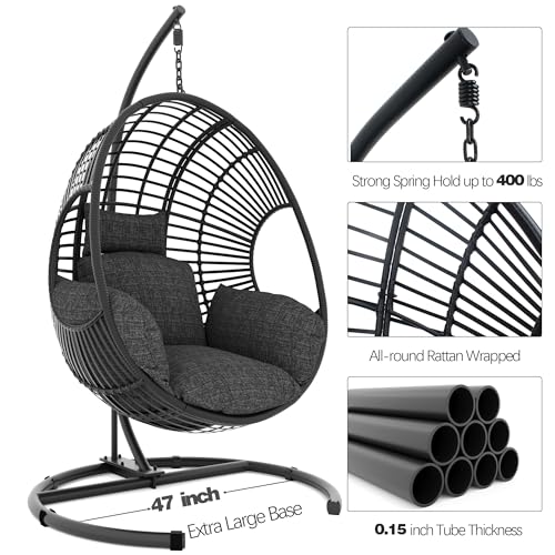 Oversized Hanging Egg Chair Outdoor Indoor, Wicker Swing Egg Chair with Stand 400lbs Capacity for Bedroom, Patio, Garden and Balcony (Beige-nest
