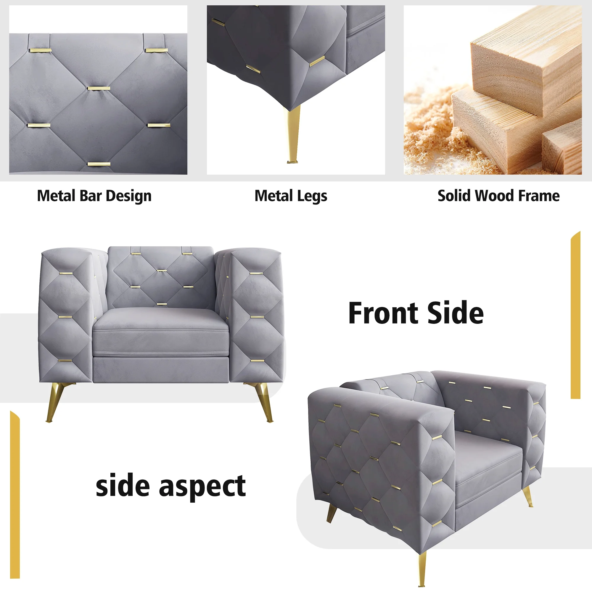 Giratree Living Room Furniture Sets, 3 Piece Mid Century Modern Velvet Upholstered Living Room Sofa, Gray