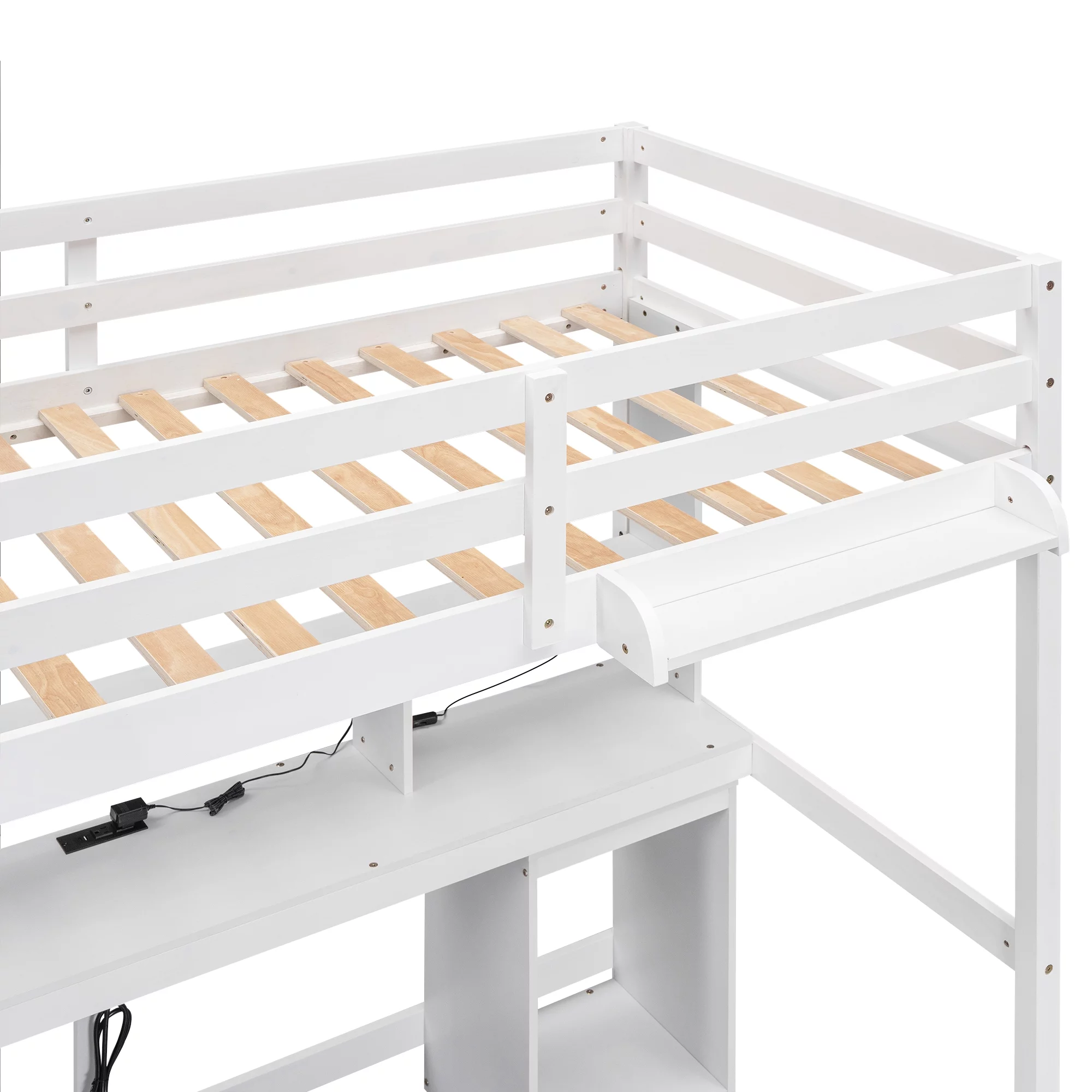 Euroco Twin Size Loft Bed with Built-in Desk, 3 Drawers and USB Charging Station, LED Light Under Bed Space