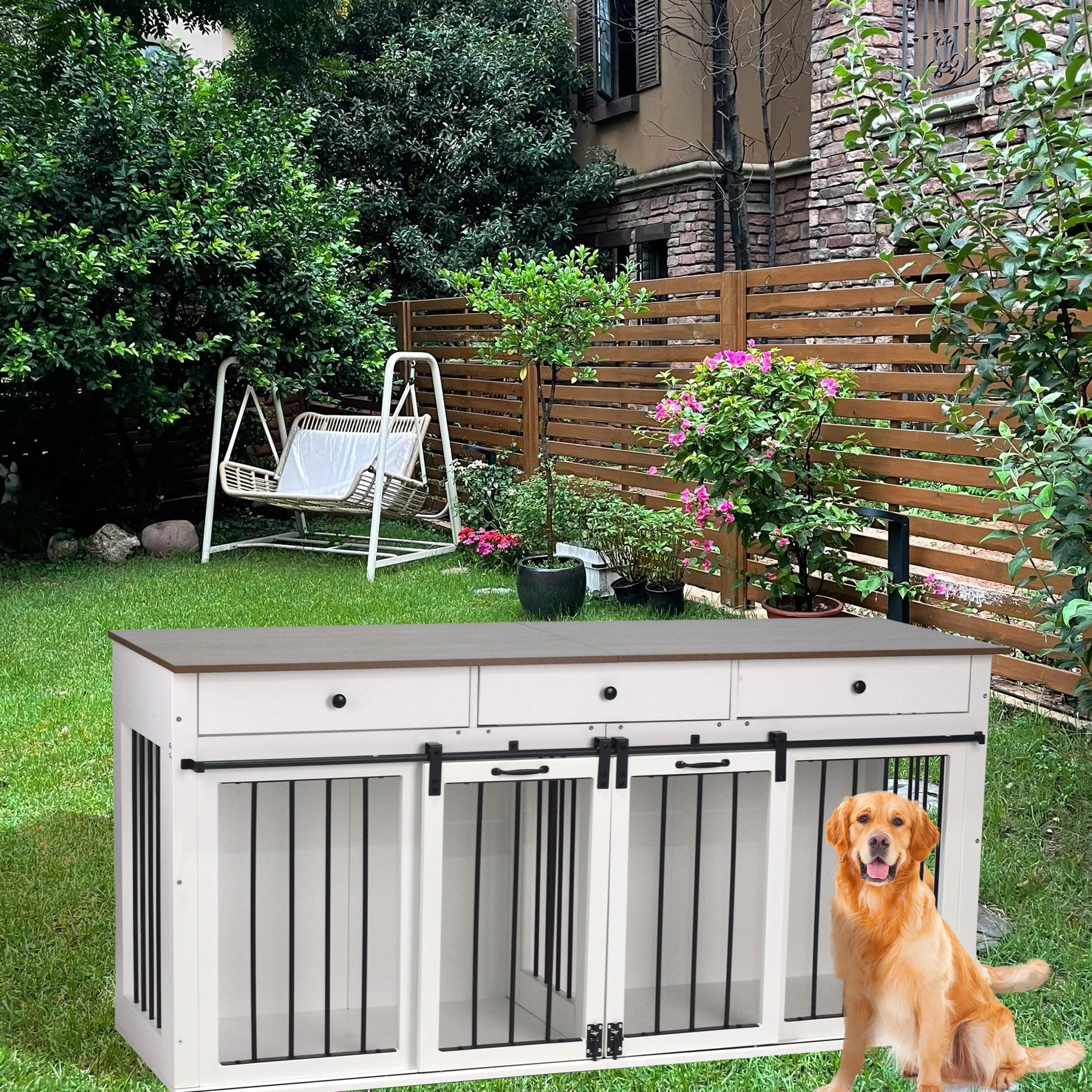 Large Dog Crate Furniture-Indoor Wooden Dog Kennel with Drawers Storage and Locks for Large or 2 Medium Dogs - Curated Treasures Market