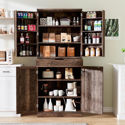72" Tall Storage Cabinet, Kitchen Pantry Cabinet with Adjustable Shelves & Sturdy Steel Frame, Farmhouse Pantry Storage with 4 Barn Doors for Kitchen
