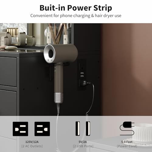 Vanity Desk & Power Outlet, Makeup Vanity with Mirror and 10 LED Lights, 3 Lighting Modes Brightness Adjustable
