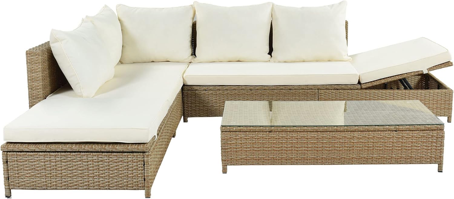 3-Piece Patio Furniture, Weather PE Rattan Wicker Sectional Sofa Set with Adjustable Chaise Lounge Frame and Tempered Glass Table