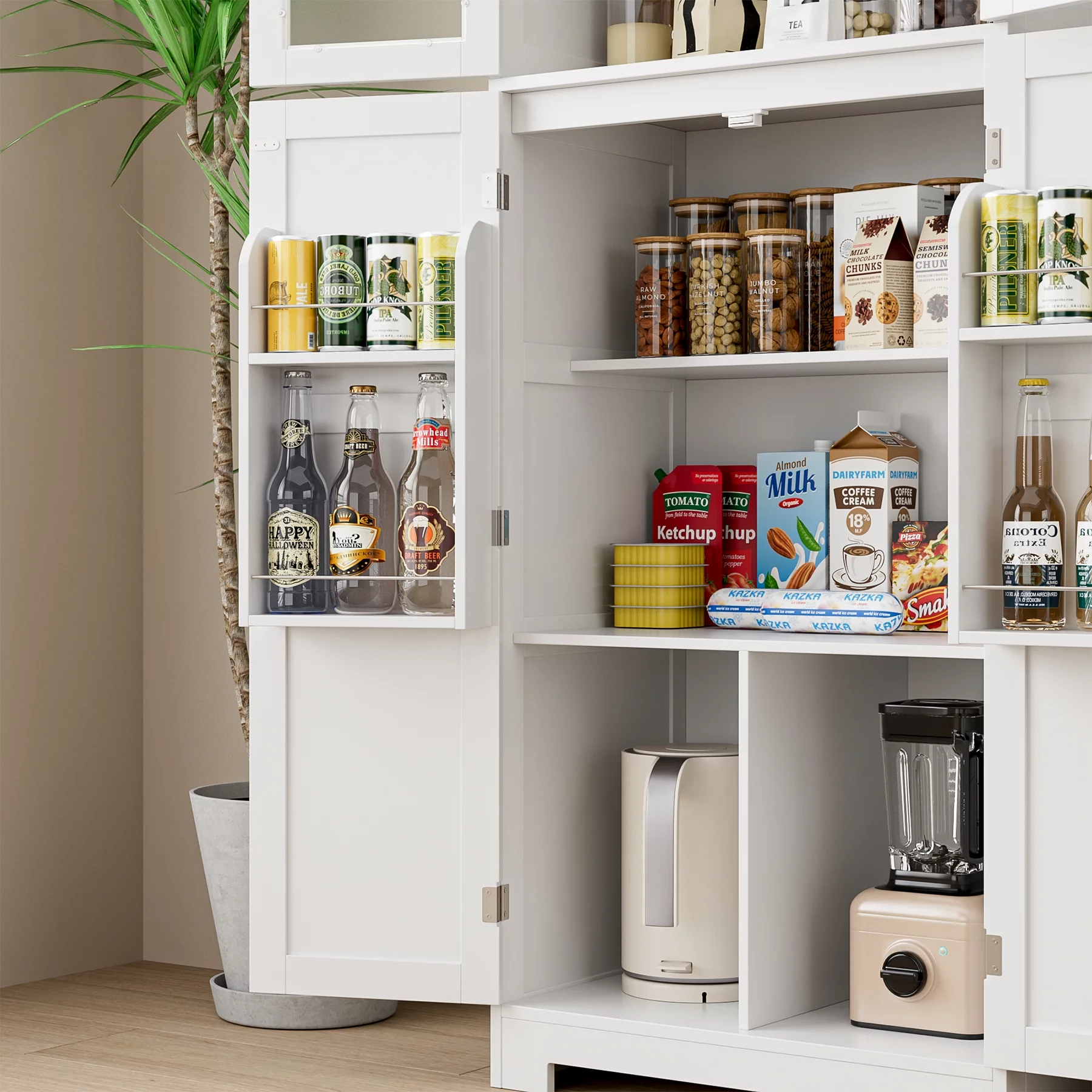 Homfa Farmhouse Kitchen Pantry Cabinet,  67'' Food Storage Cabinet with Frosted Glass Doors for Dining Room, White
