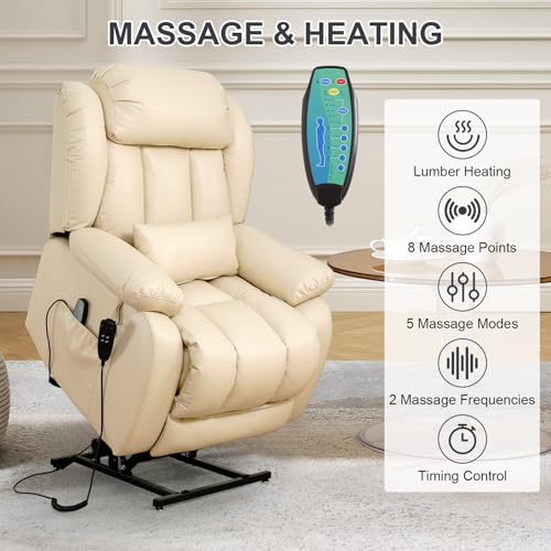 EDILLY Large Genuine Leather Power Lift Recliner Chairs for Elderly, Dual Motor with Massage and Heating,Double Lumbar Cushion and Extended Footrest