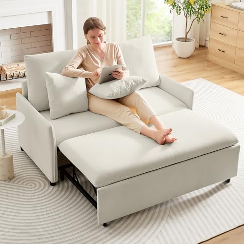 55" 3-in-1 Convertible Sleeper Sofa Bed with Adjustable Backrest - Soft Chenille Futon Couch for Living Room, Office & Apartment, Beige