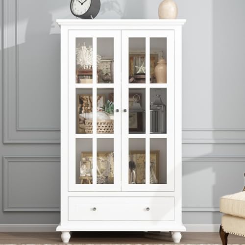 Hitow Tall Bookshelf White Bookcase with Glass Doors, Wooden Display Cabinet with 4-Tier Shelf & 2 Drawers, Pantry Cabinet for Home Office