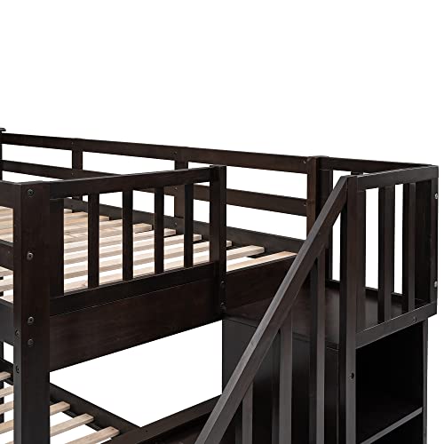 Ball & Cast Twin-Over-Twin Bunk Bed with Twin-Size Trundle and 3 Storage Stairs,Wood Bunkbed w/Full-Length Guardrails,Slat Support