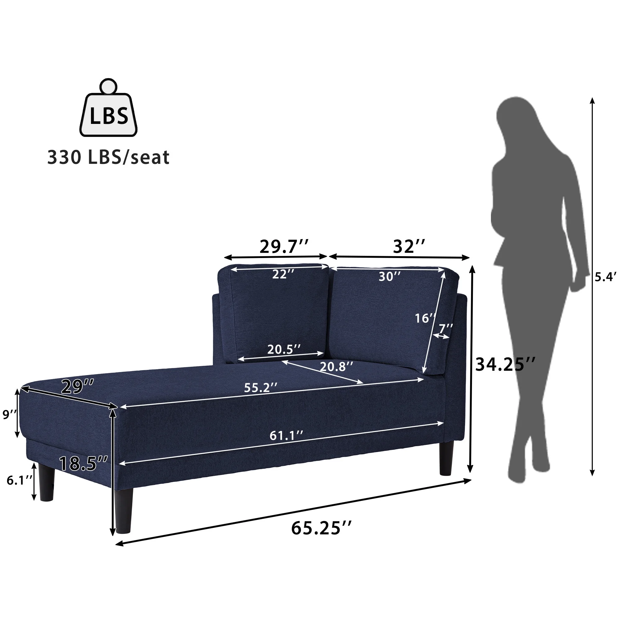 LANTRO JS 65" Mid Century Modern Fabric Corner Lounge Chair, Upholstered Indoor Chaise Lounge for Bedroom, Office