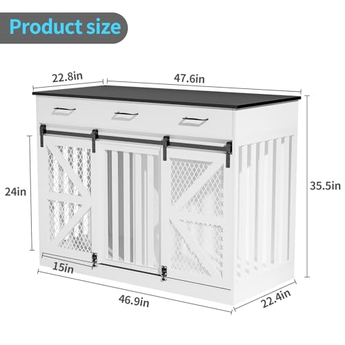 48'' Dog Crate Furniture with Removable Divider & Storage Drawers, Wooden Double Dog Cage TV Stand with 2 Sliding Barn Doors