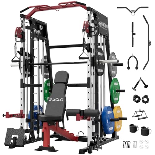 Mikolo Smith Machine, 2200lbs Squat Rack with LAT-Pull Down System & Cable Crossover Machine, Training Equipment with Leg Hold-Down Attachment