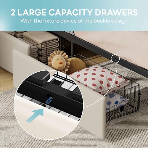 LIKIMIO Twin Bed Frame with 2 Storage Drawers, Charging Station & LED Lights, Upholstered Platform Twin Bed with Storage Headboard