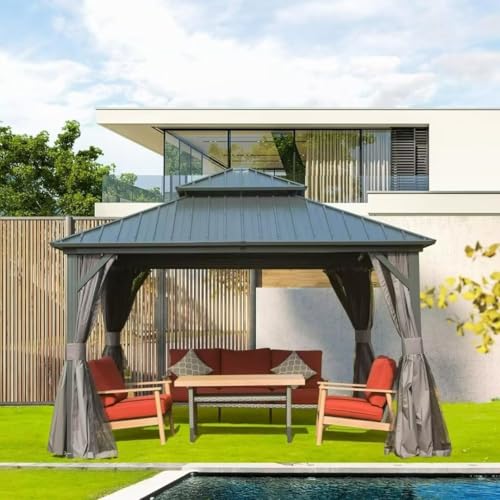 Domi 10’ x 10’ Hardtop Gazebo Metal Frame Canopy with Netting & Curtains