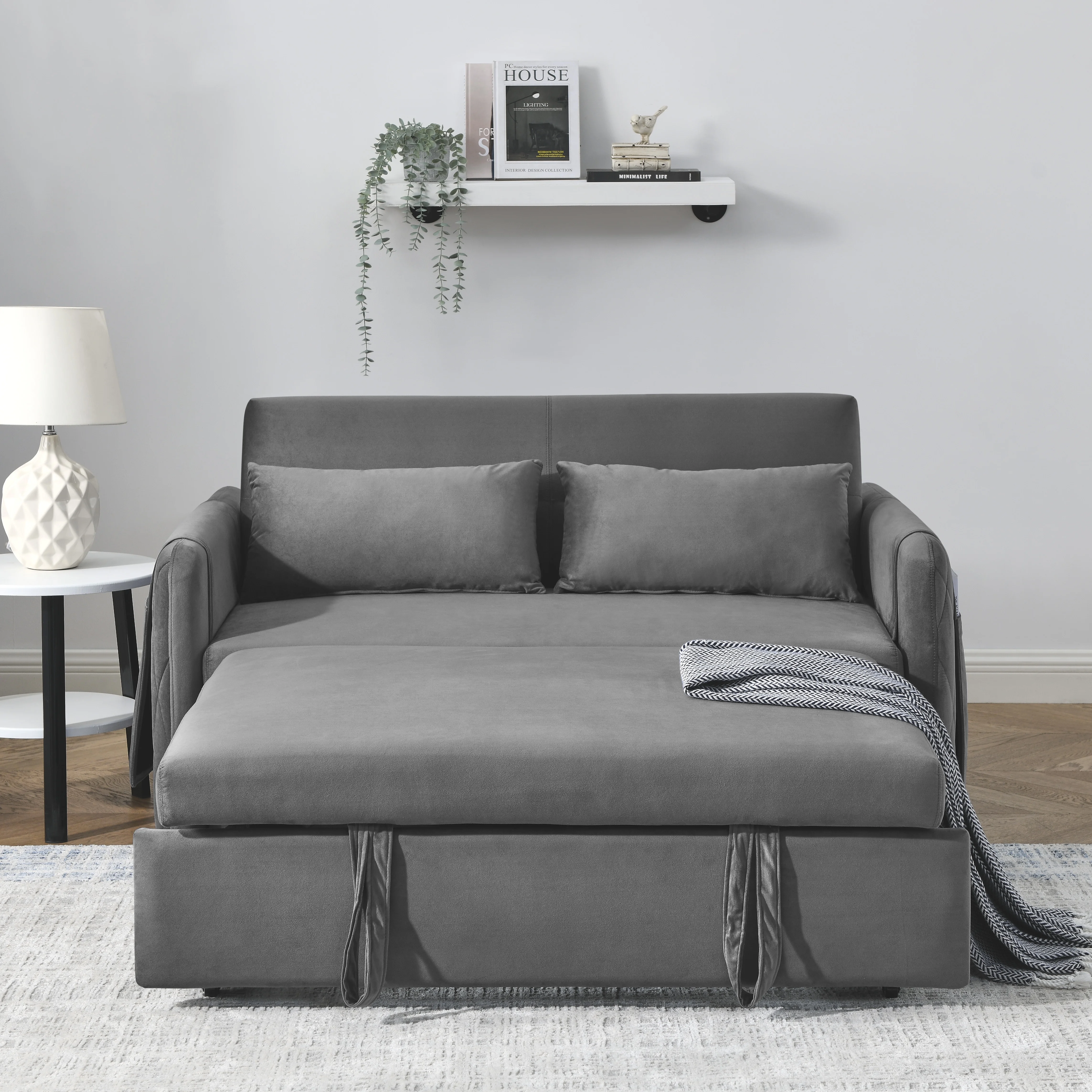 Modern Velvet Convertible Pull Out Sleeper Sofa Bed, Folding Loveseat Couch with Side Storage Pockets Pillows for Living Room Bedroom Apartment