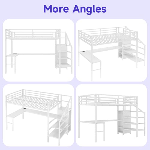 Full Size Metal Loft Bed Heavy-Duty Loft Bed Frame, LED Loft Bed Frame with L Shaped Desk, Wardrobe, Storage Stairs