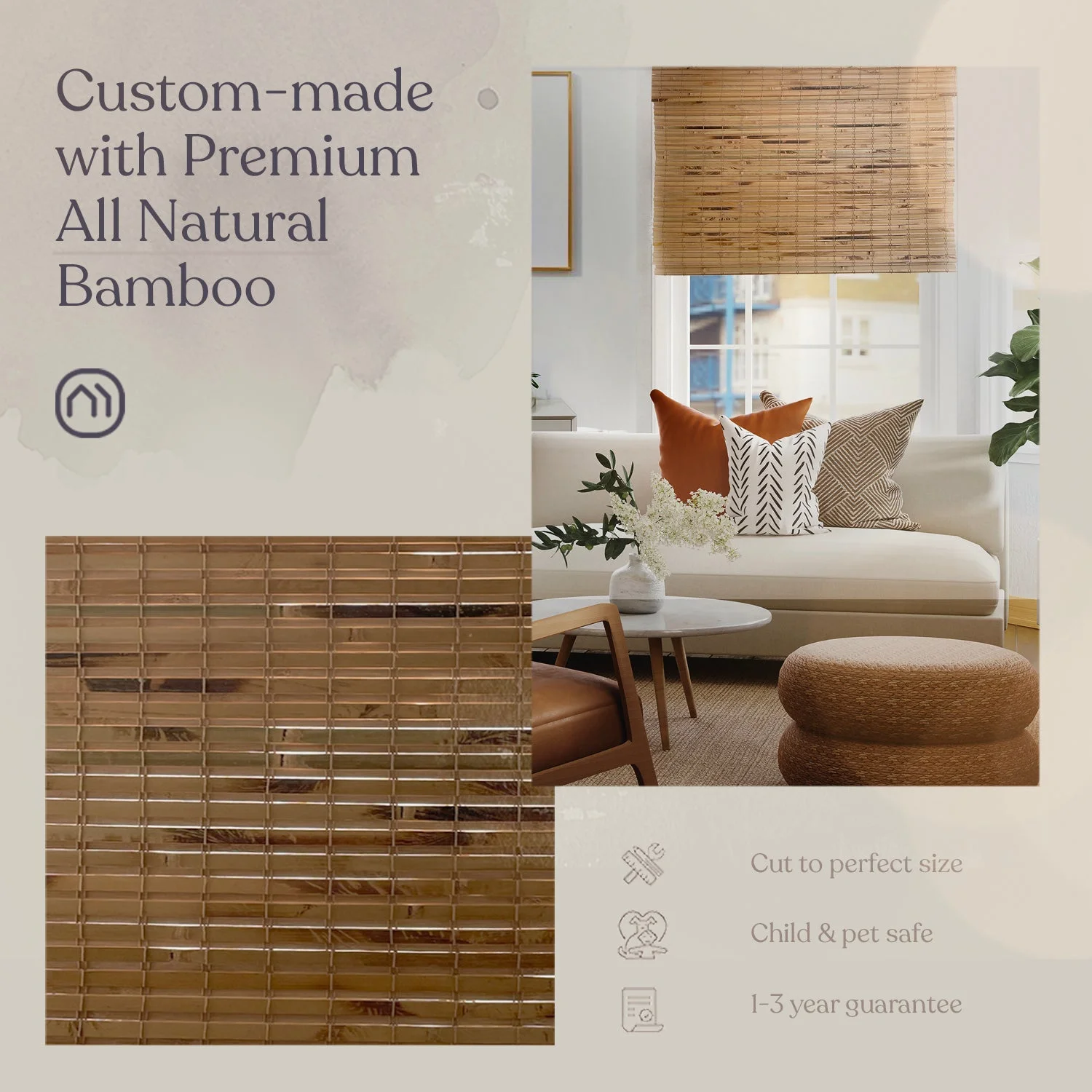 MOOD Custom Bamboo Shades | NATURAL | Cordless Designer Natural Woven Wood Roman Shades for Windows | Natural Cedar (Great Privacy) | 37"W X 60"H