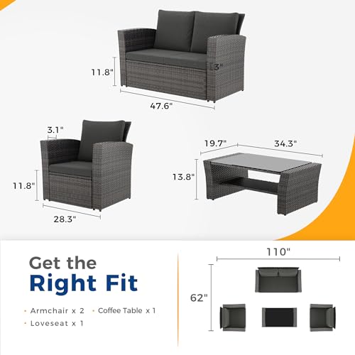 Wisteria Lane 4 Piece Outdoor Patio Furniture Sets, Wicker Conversation Set for Porch Deck, Gray Rattan Sofa Chair with Cushion