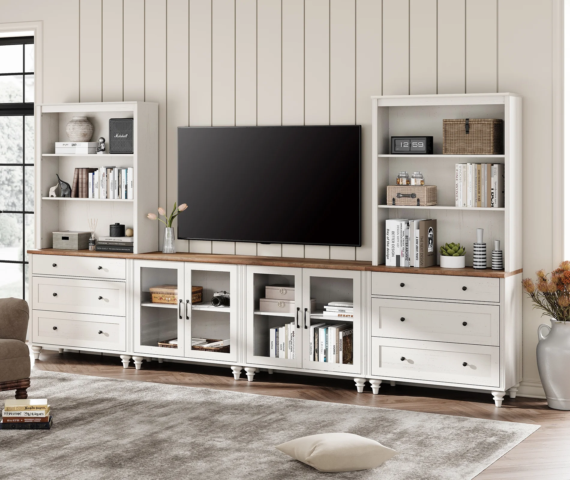 Entertainment Center with Bookshelves with Glass Doors & Drawer, Farmhouse Wall Unit TV Stand for TVs up to 75" , Media Console Table for Living Room
