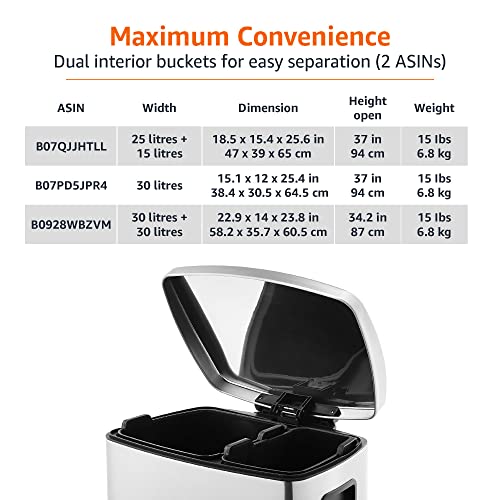 Amazon Basics Rectangular Recycling Trash Can with 2 Compartments, Grey,Silver, 60 Liters