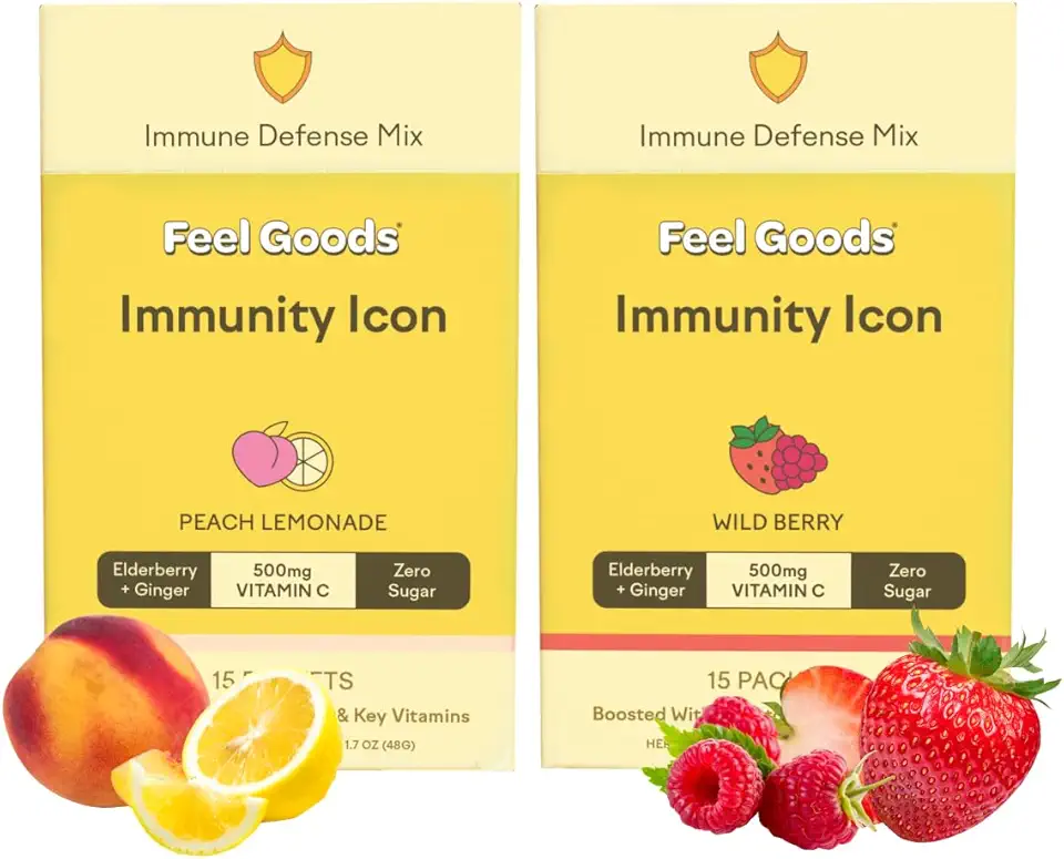 Feel Goods Immunity Icon, Zero Sugar, Vitamin C, A, B, D, E & Zinc, Organic Elderberry, Ashwagandha, Drink Mix Powder, Vegan, Non GMO