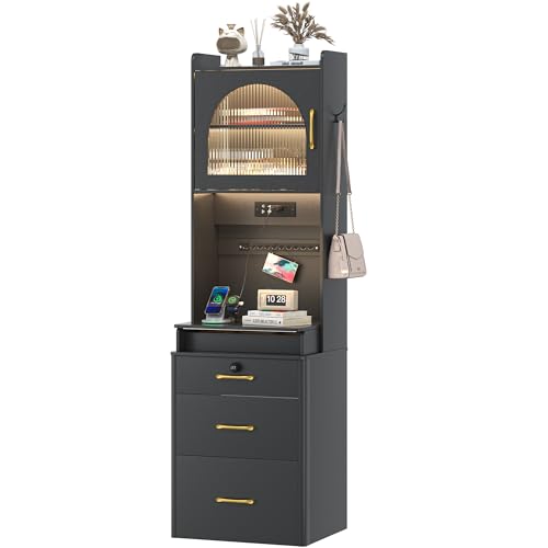 NUNU LAB 42 Inchs Large Vanity Desk with Mirror and Lights with 6 Drawers and 4 Cabinets, Big Women Makeup Table with Power Outlet