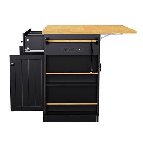 Farmhouse Kitchen Island with Power Outlet, Drop Leaf, Spice Rack and Drawer,Rolling Kitchen Cart on Wheels