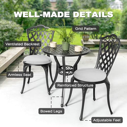 NUU GARDEN 3 Piece Bistro Set Outdoor, All Weather Cast Aluminum Patio Bistro Sets Patio Table and Chairs Set of 2 with Umbrella Hole for Yard