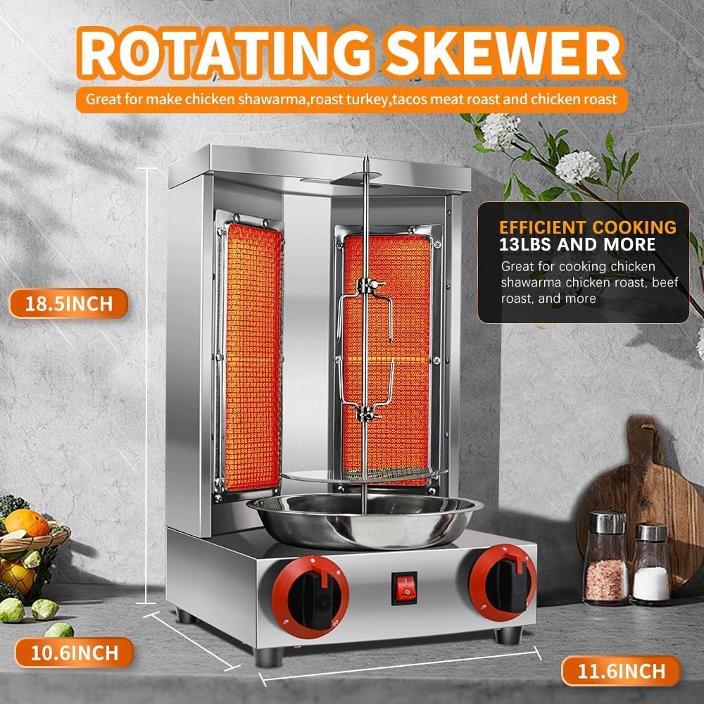 Li Zhen Shawarma Machine Gas Vertical Doner Kebab Machine Shawarma grill Vertical Rotisserie Machine Propane Vertical Broiler with 2 Burner and Meat