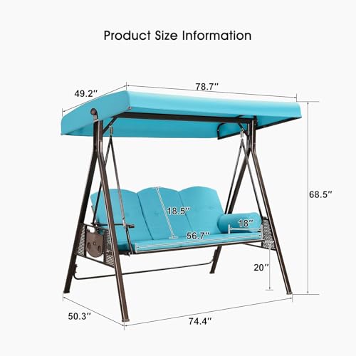 PURPLE LEAF 3-Seat Deluxe Outdoor Patio Porch Swing with Weather Resistant Steel Frame, Adjustable Tilt Canopy, Cushions and Pillow Included, Beige