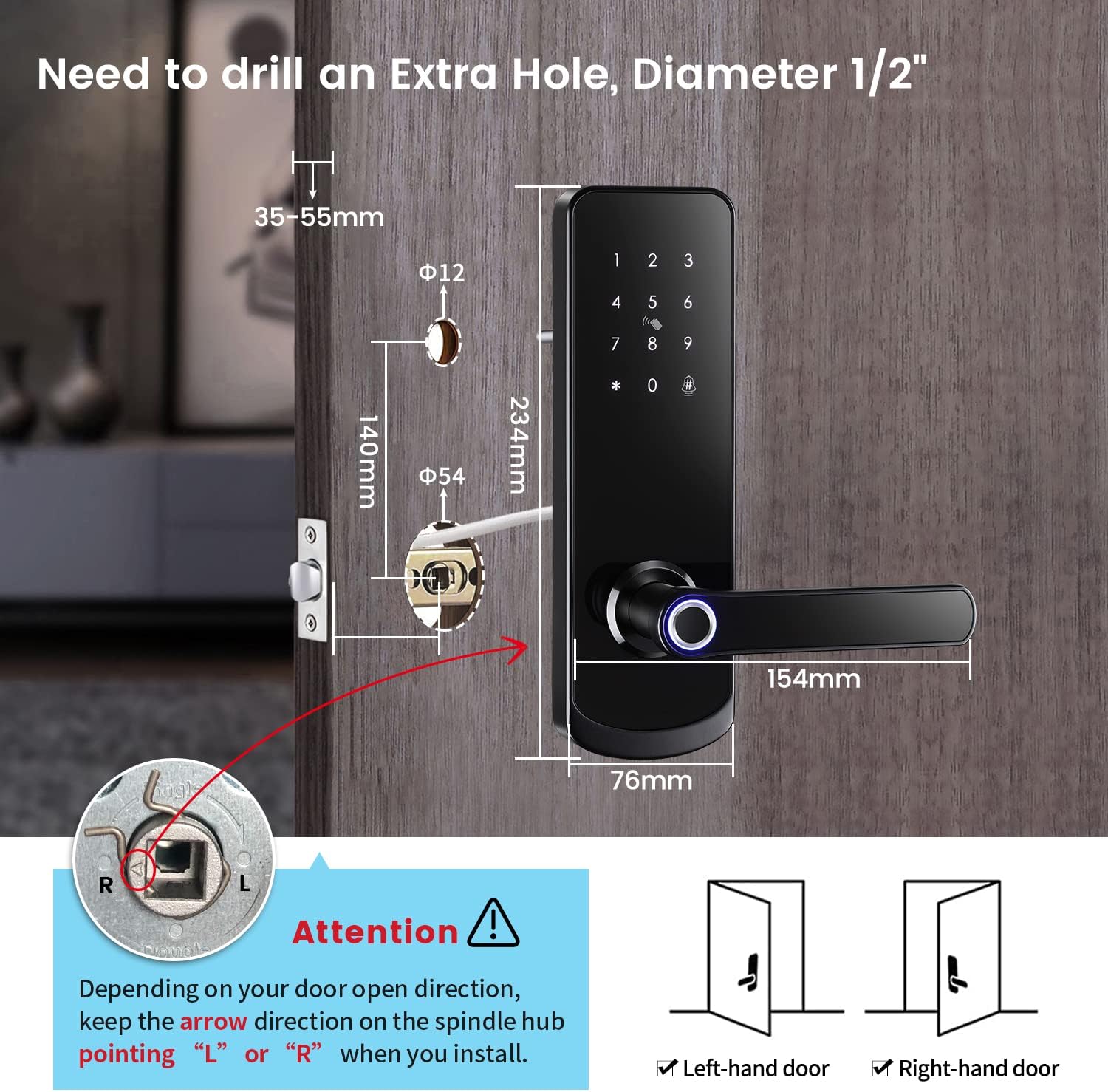 LOQRON Fingerprint Smart Door Lock, Security Keyless Entry Door Lock with Reversible Handle, Weatherproof Electronic Deadbolt