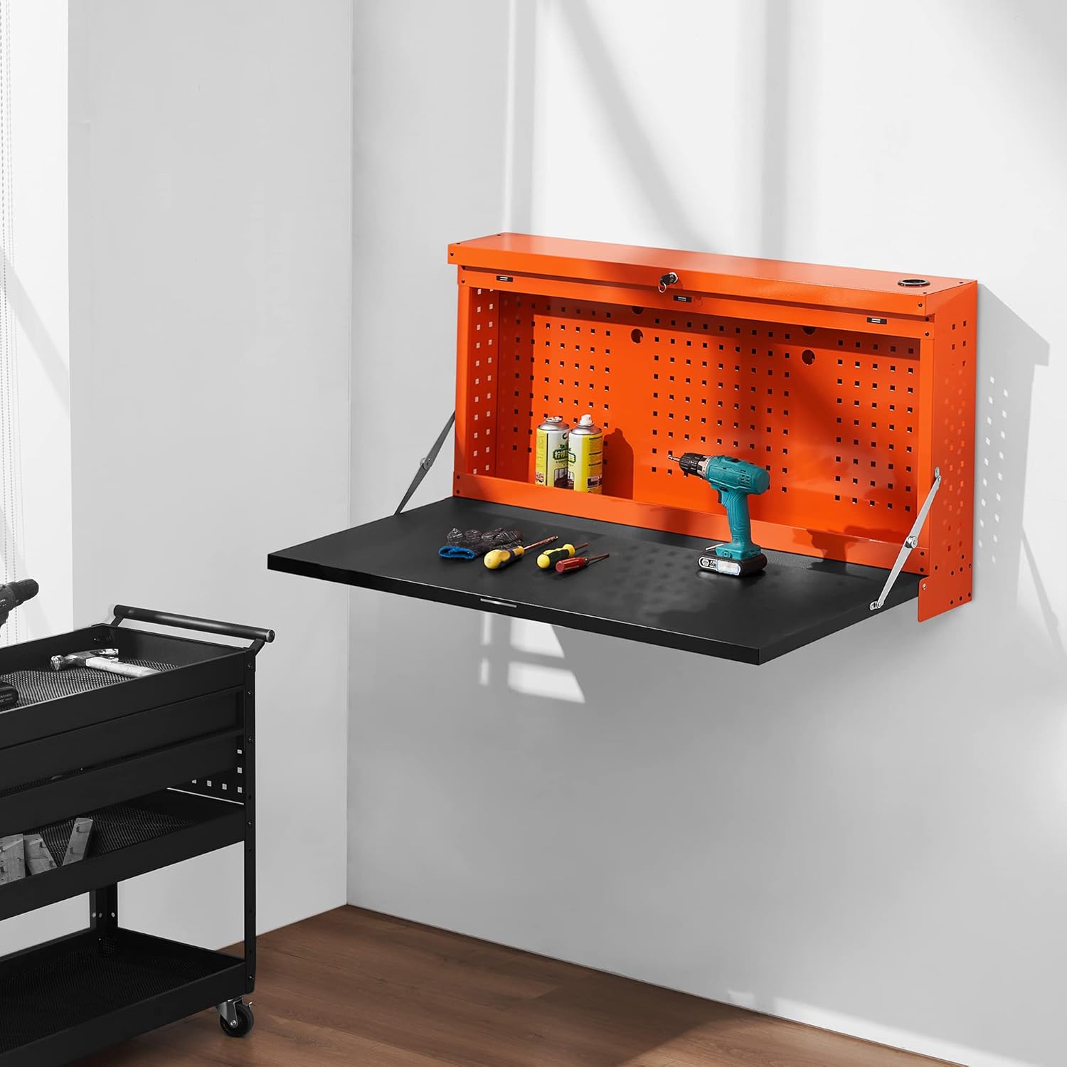 MCombo Metal Wall Mounted Workbench for Garage, Folding Worktable with Pegboards