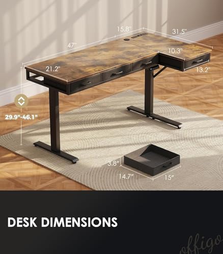 OffiGo 63 Inch L Shaped Electric Standing Desk with Drawers, Height Adjustable Large Desk with Power Outlets, Sit Stand Table