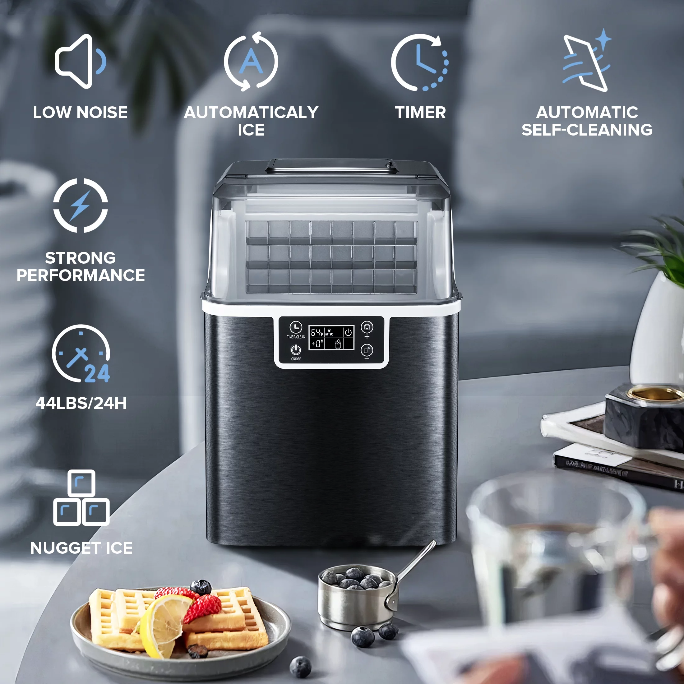 KISSAIR Countertop Ice Maker, 44Lbs/24H Self-Cleaning Ice Makers, 24 Pcs Ice Cube in 12 Mins with Ice Scoop & Basket, for Home/Kitchen/Office-Black