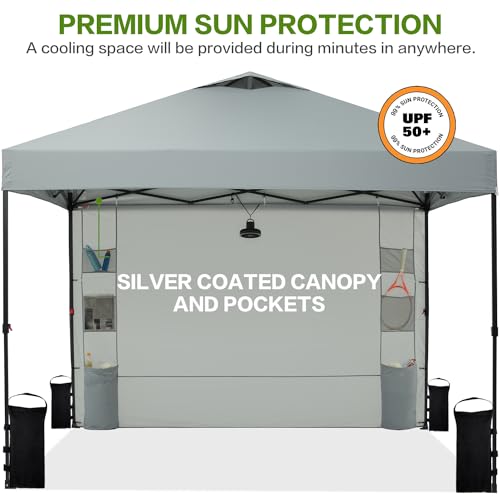 10'x10' Pop Up Canopy Tent with 1 Sidewall and 6 Pockets, One Push Setup, Instant Shade Tent with Vented Roof for Beach Patio Outdoor, Case, 8 Stakes