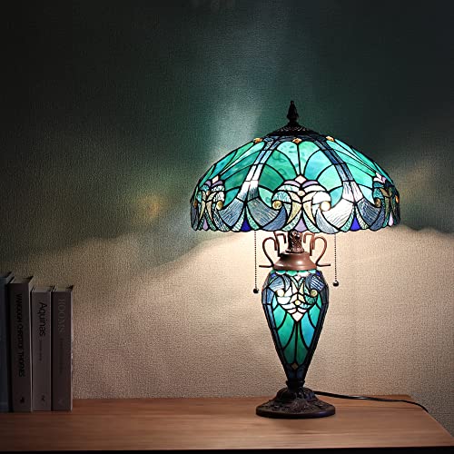 Tiffany Table Lamp with Night Light 16 inch Large Stained Glass Table Light Victorian Style Sea Green Antique 3 Light Desk Lamp for Living Room