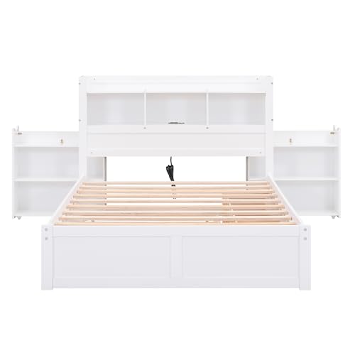 Full Size Storage Bed with Bookcase Headboard and Trundle, Wood Platform Bed Frame with Charging Station