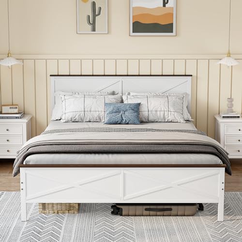VOPEAK Farmhouse Queen Bed Frame with Headboard and Footboard, Bed Frame Queen Size Metal Platform with Under Bed Storage, Noise Free