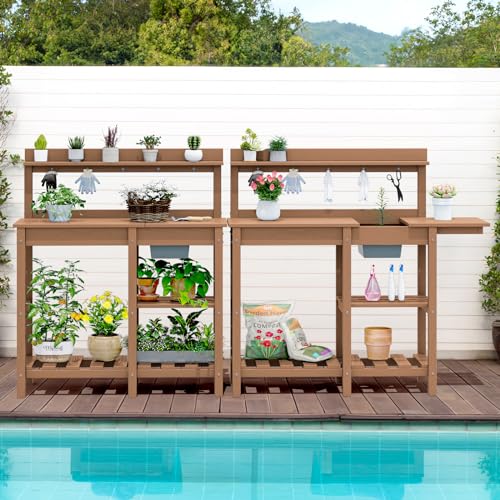 SERWALL Potting Bench Outdoor Potting Table with Sink, HDPE Potting Benches for Outside Gardening Table All Weather Use- Black