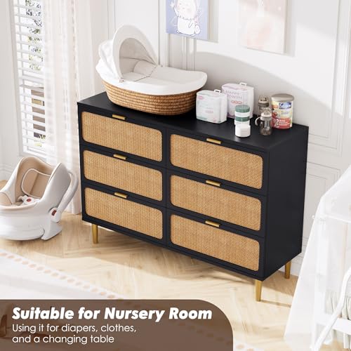 Rattan 5 Drawer Dressers for Bedroom, Tall Dresser with Deep Drawers, Large Chest of Drawers for Closet with Wide Top
