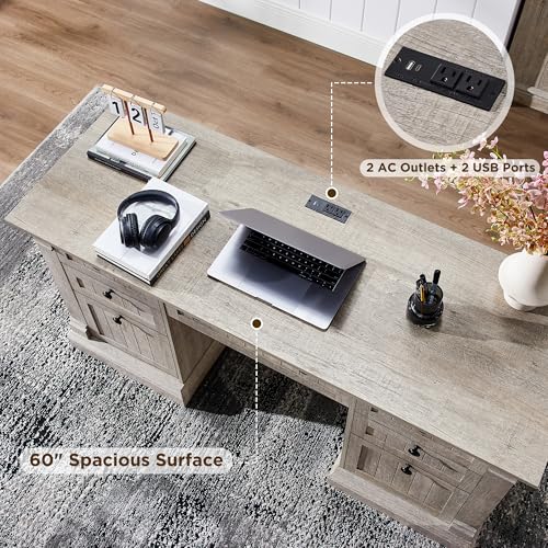 OKD 60" Executive Desk with Drawers, Farmhouse Home Office Desk with Charging Station, Keyboard Tray, File Cabinet Storage