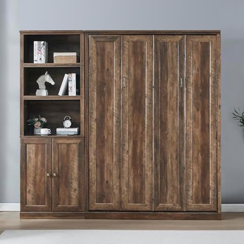 MERITLINE Queen Size Murphy Bed with Storage Bookcase Shelves,Cabinet and Charging Station,Wood Folding White Murphy Wall Bed