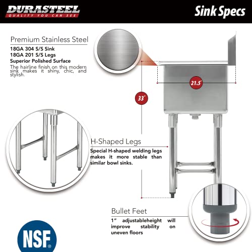 DuraSteel Stainless Steel Prep & Utility Sink - 1 Compartment Commercial Kitchen Sink - NSF Certified - 15"