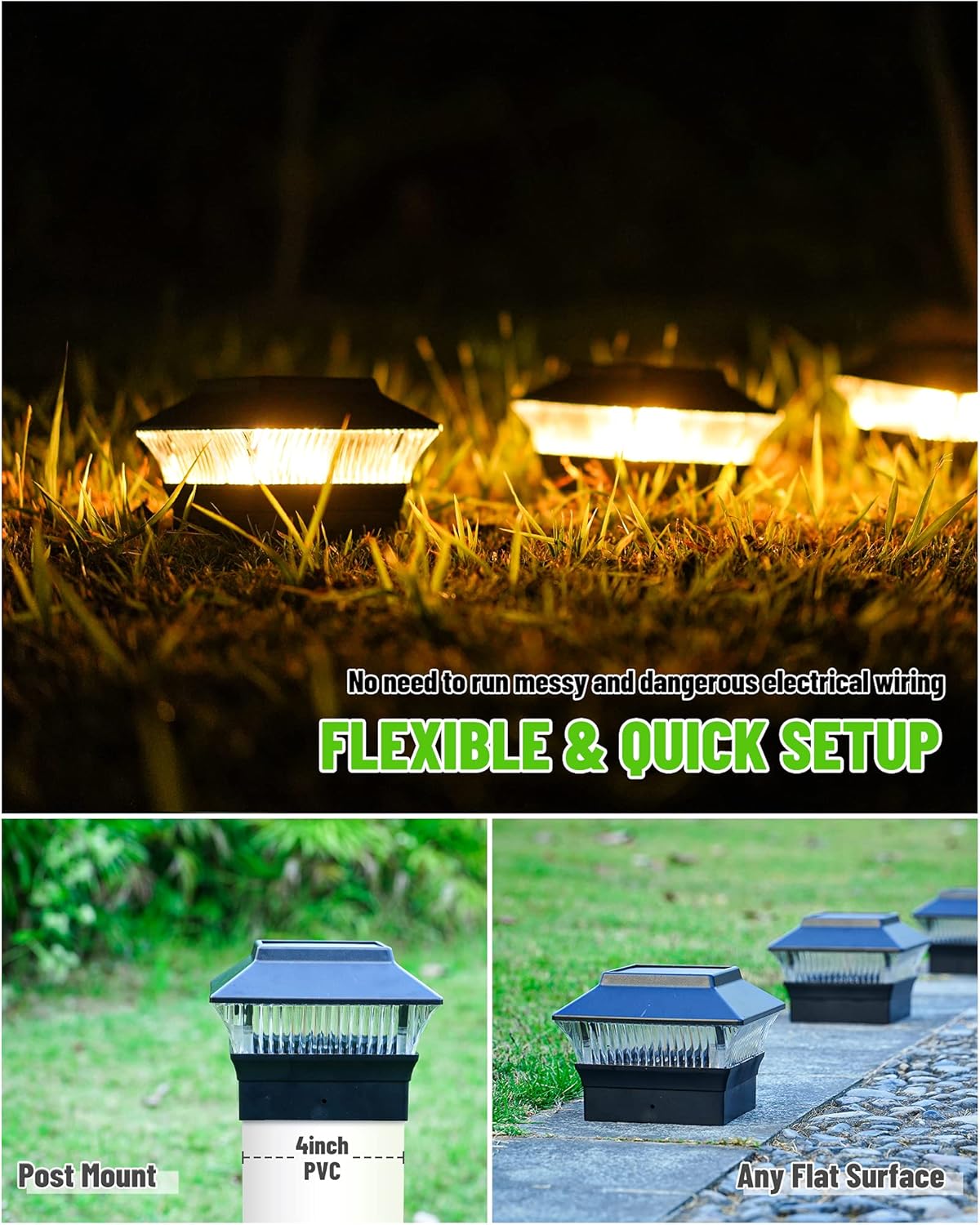 MOON-DE-AGE Fence Post Lights, 25 Lumens Deck Post Cap Light Solar Powered Outdoor Lighting, Fits for 4x4 or Larger Wooden Posts with 4x6 Base