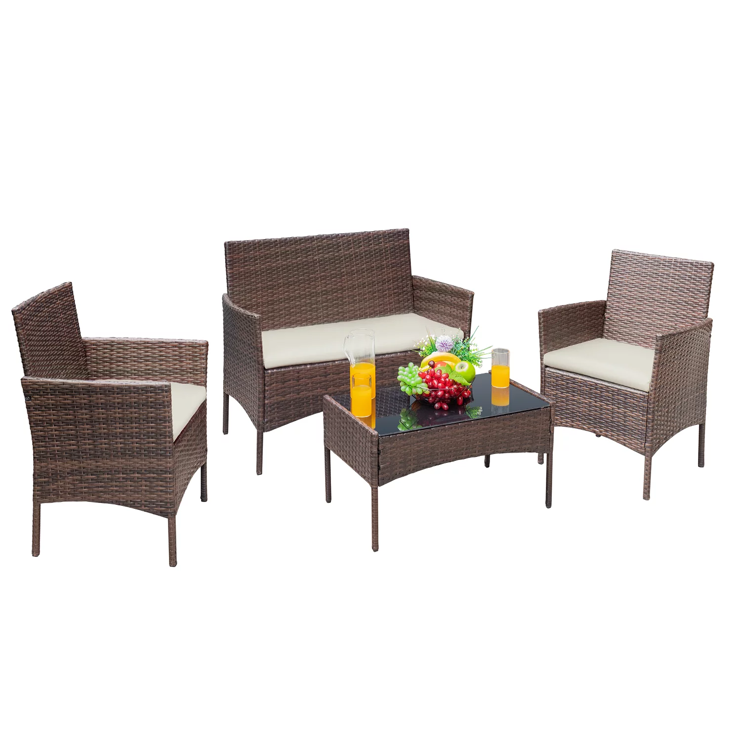 Homall 4 Pieces Outdoor Patio Furniture Brown PE Rattan Wicker Table and Chairs Set Backyard Poolside Garden Porch Sets with Cushioned