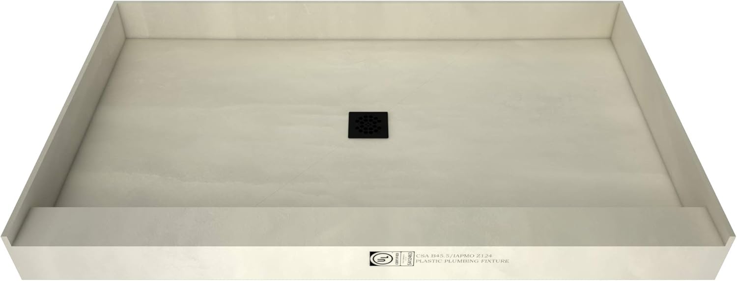 Tile Redi T3660C-SCTTBVZ Shower Pan Kit with Flashing, Center Drain- Single Curb Shower Base, 2" PVC Drain and Grate Included, 60" Width x 36" Depth