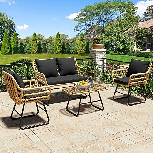 YITAHOME 4-Piece Patio Furniture Wicker Outdoor Bistro Set, All-Weather Rattan Conversation Loveseat Chairs for Backyard