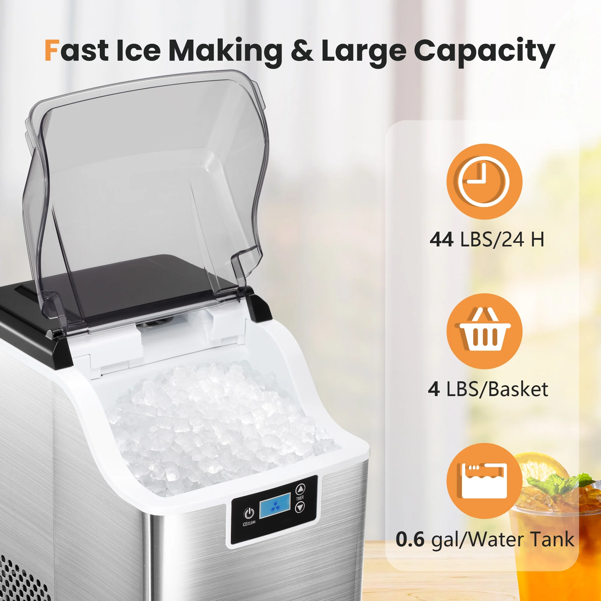 Besttey Countertop Ice Maker, Nugget Chewable Soft Ice, 44 lbs/24 H, Auto-Cleaning, Portable/Compact, w/ Basket & Scoop, Silver