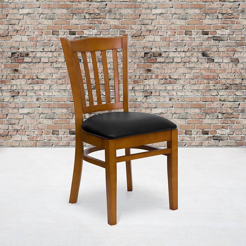 Hercules Series Vertical Slat Back Walnut Wood Restaurant Chair - Burgundy Vinyl Seat | Flash Furniture