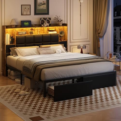 LED Bed Frame Full Size with Bookshelf Headboard, 2 Hidden Storage Drawers, Upholstered Platform Metal Bed Frame with Charging Station